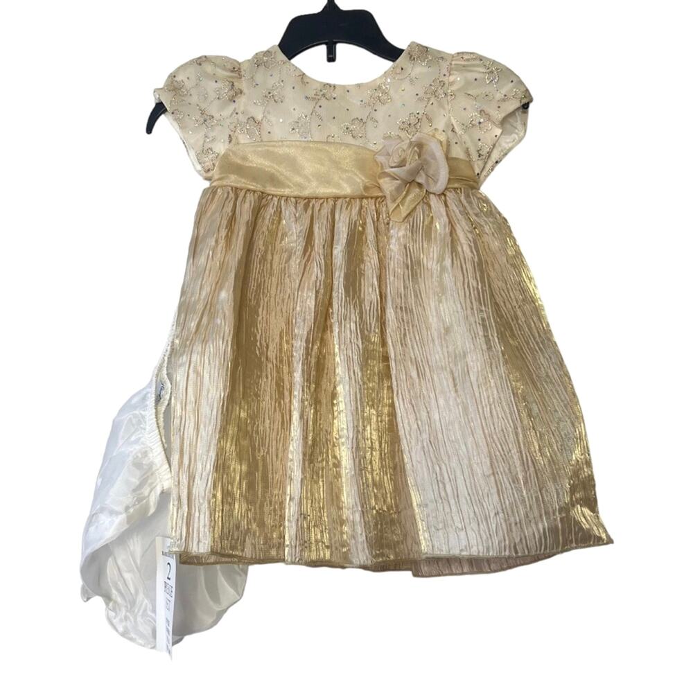 Rare Editions Champagne Gold Puff Sleeve Dress Size 24 Months